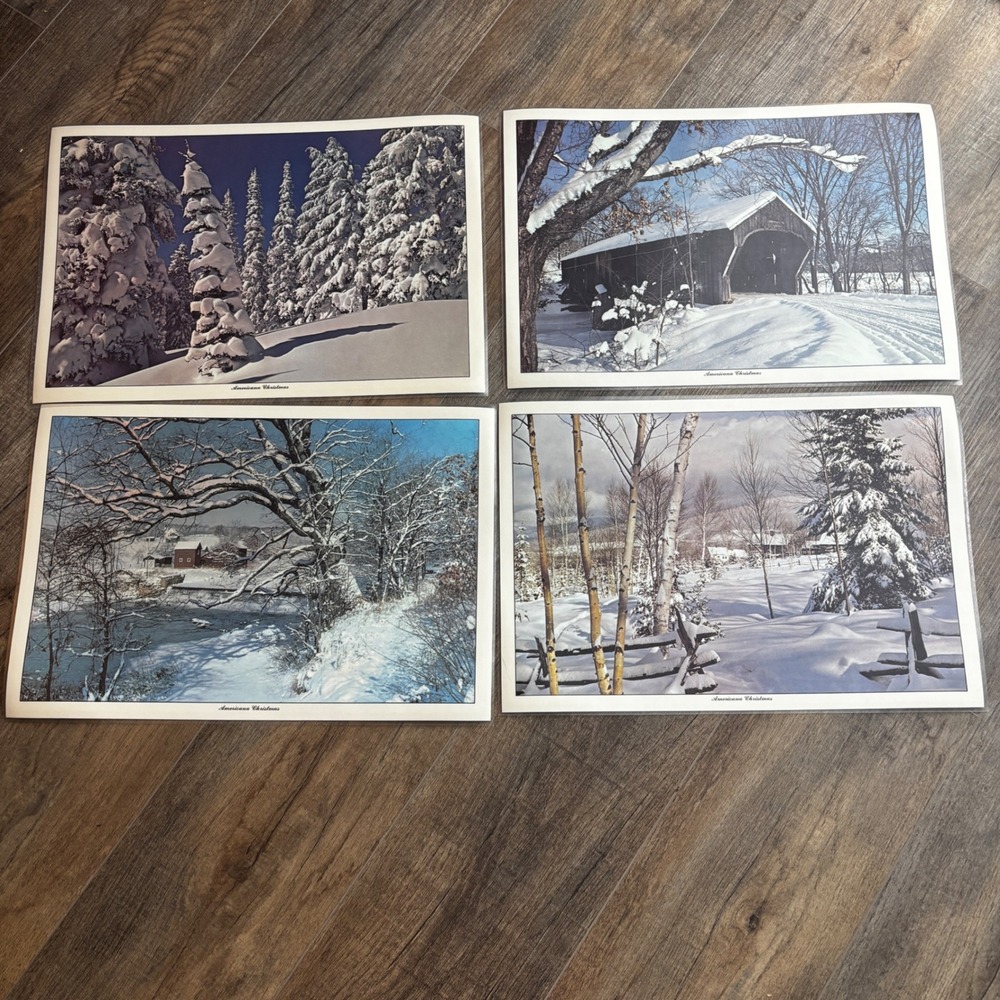 Americana Christmas Reversible Placemats Set of 4 Winter Landscape Poinsettia
